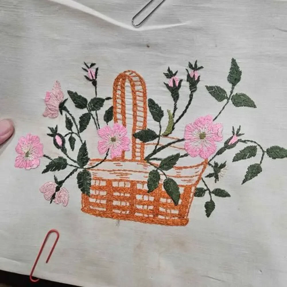 Handmade Embroidered Floral Basket Fabric